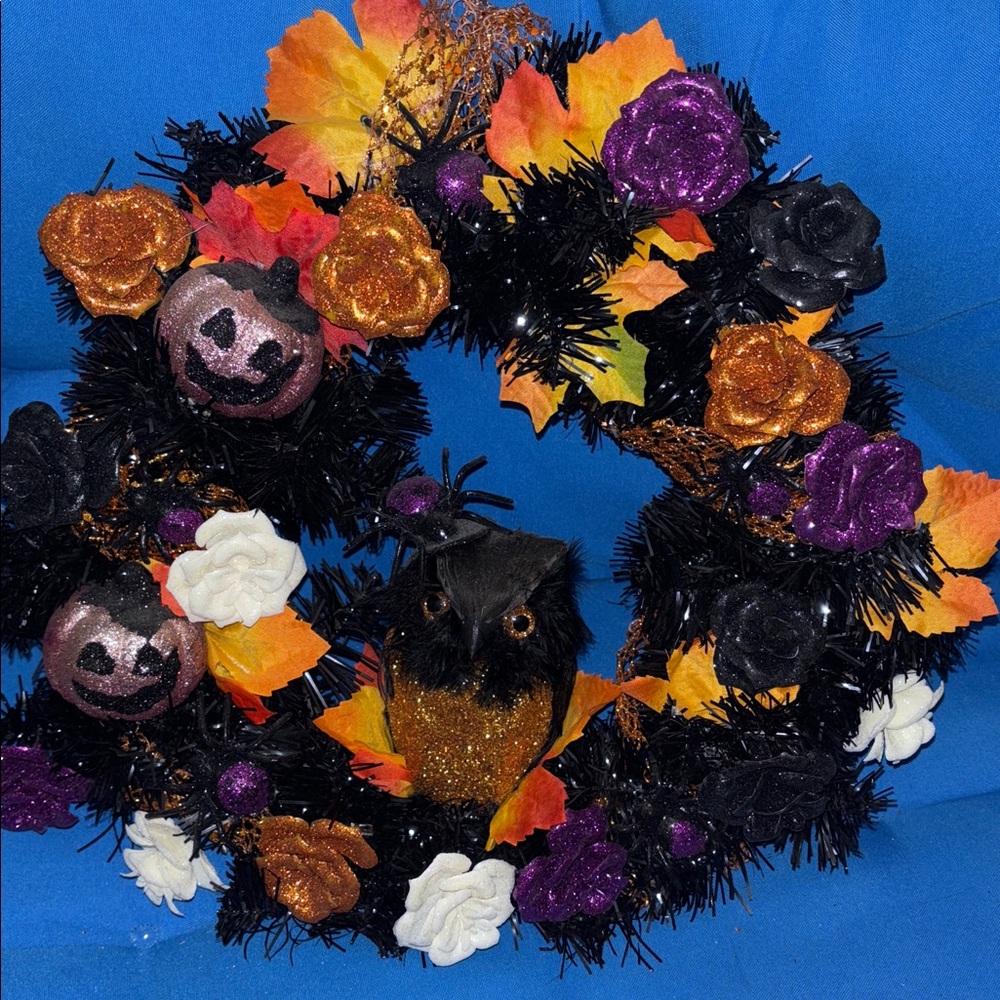 Custom By MeHalloween Wreath Orange Wrap Owl TwoPumpkins SixSpiders AutumnLeaves